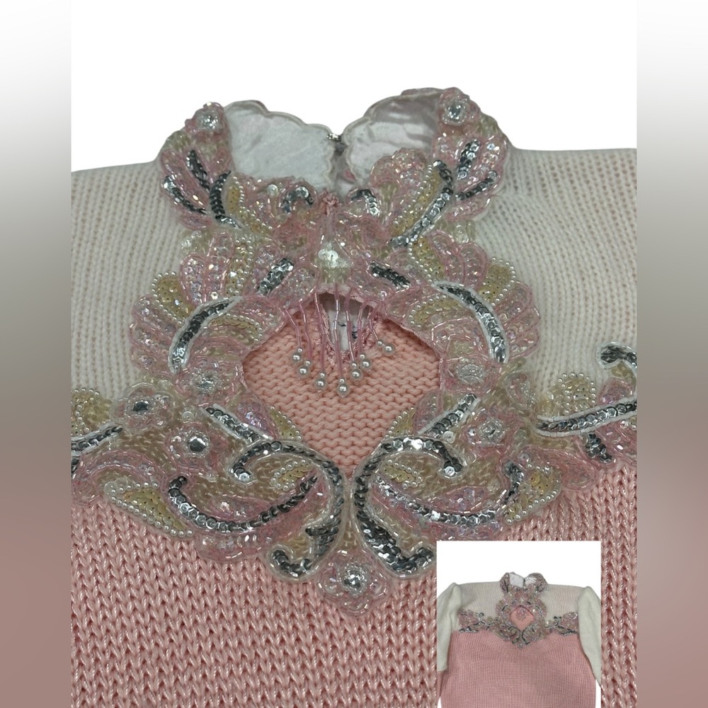 Vintage Marauda Wool Blend High Neck Sequin Bead Embellished Pink Sweater - Picture 2 of 8